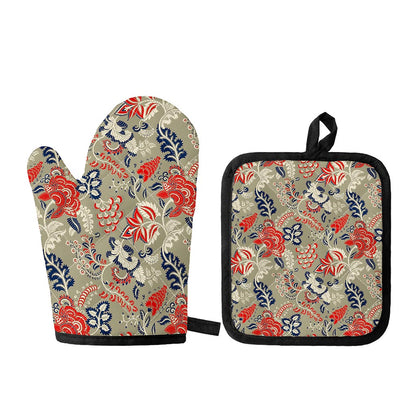 Beige Bohemian Floral Pattern Print Oven Mitt And Pot Holder Set