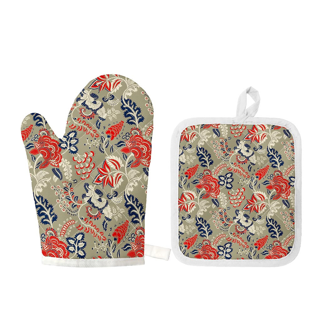 Beige Bohemian Floral Pattern Print Oven Mitt And Pot Holder Set
