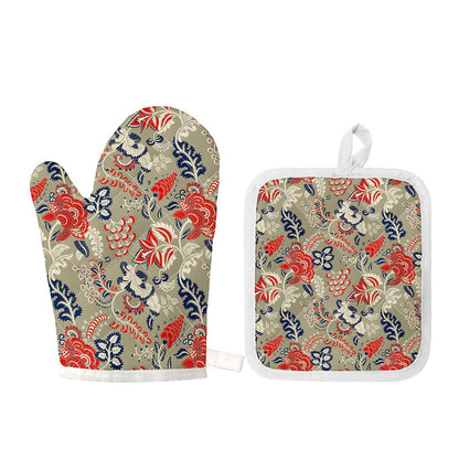 Beige Bohemian Floral Pattern Print Oven Mitt And Pot Holder Set