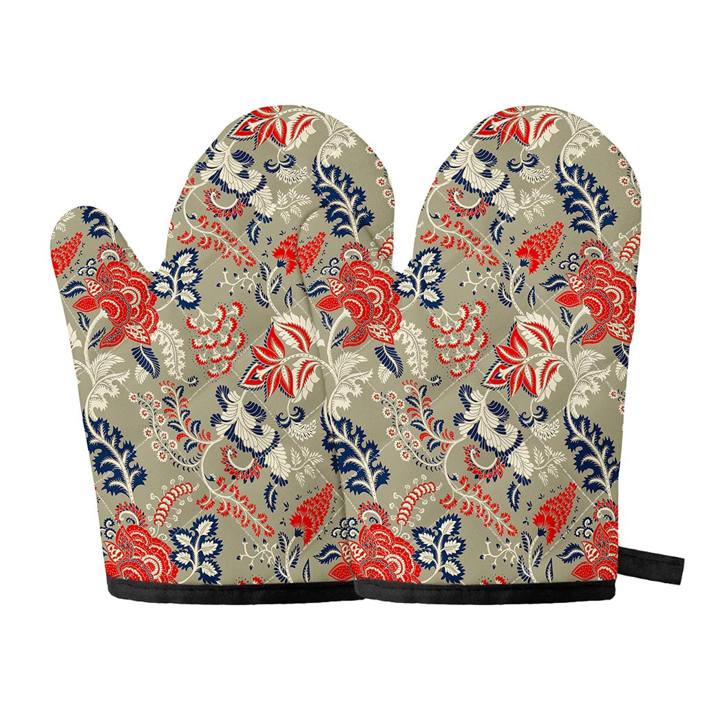 Beige Bohemian Floral Pattern Print Oven Mitts