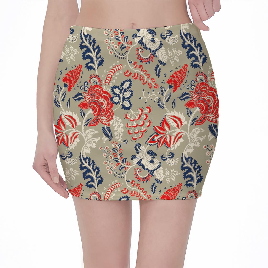 Beige Bohemian Floral Pattern Print Pencil Mini Skirt