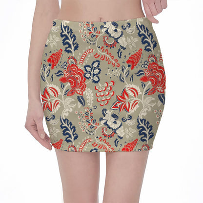 Beige Bohemian Floral Pattern Print Pencil Mini Skirt