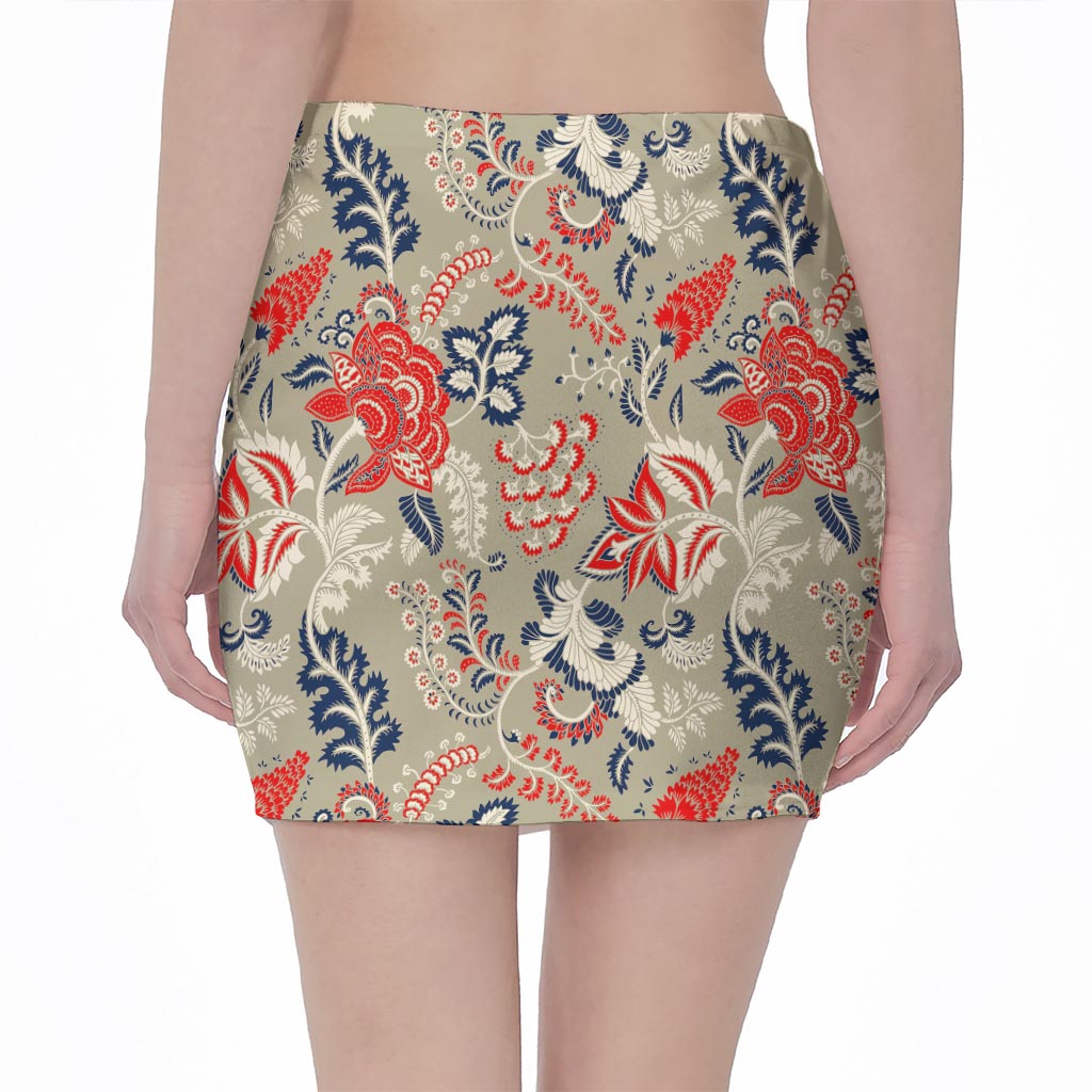 Beige Bohemian Floral Pattern Print Pencil Mini Skirt