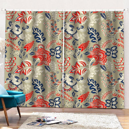 Beige Bohemian Floral Pattern Print Pencil Pleat Curtains