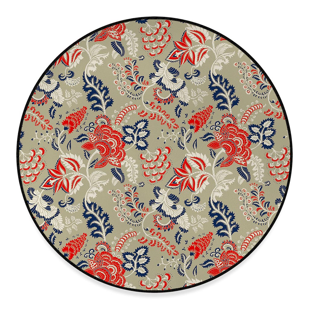 Beige Bohemian Floral Pattern Print Round Floor Mat