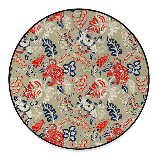 Beige Bohemian Floral Pattern Print Round Floor Mat