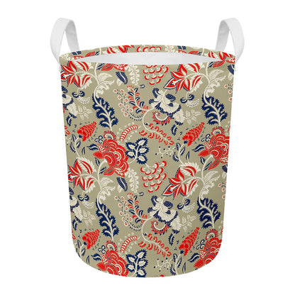 Beige Bohemian Floral Pattern Print Round Laundry Basket