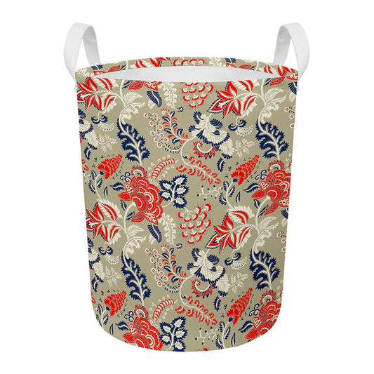 Beige Bohemian Floral Pattern Print Round Laundry Basket