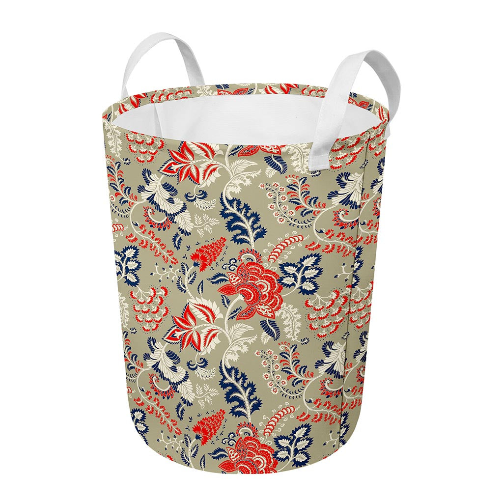 Beige Bohemian Floral Pattern Print Round Laundry Basket