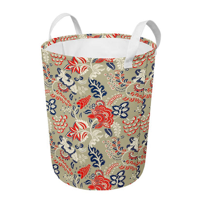 Beige Bohemian Floral Pattern Print Round Laundry Basket