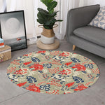 Beige Bohemian Floral Pattern Print Round Rug