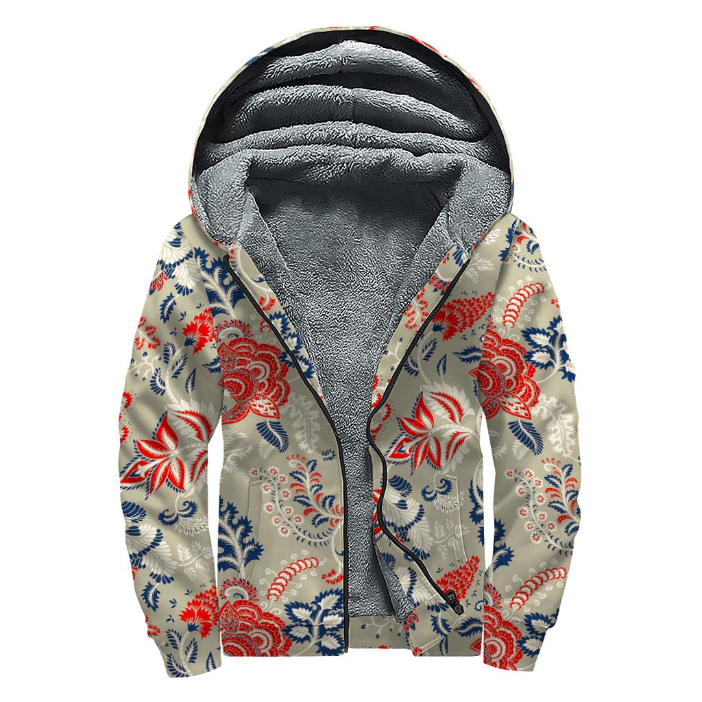 Beige Bohemian Floral Pattern Print Sherpa Lined Zip Up Hoodie