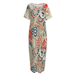 Beige Bohemian Floral Pattern Print Short Sleeve Long Nightdress
