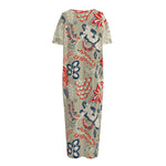 Beige Bohemian Floral Pattern Print Short Sleeve Long Nightdress