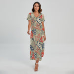 Beige Bohemian Floral Pattern Print Short Sleeve Maxi Dress