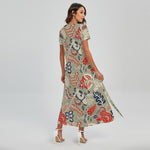 Beige Bohemian Floral Pattern Print Short Sleeve Maxi Dress