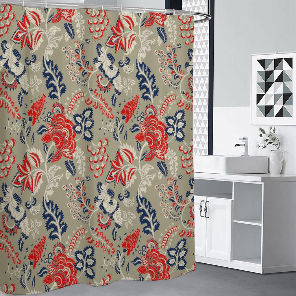 Beige Bohemian Floral Pattern Print Shower Curtain