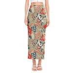 Beige Bohemian Floral Pattern Print Side Slit Maxi Skirt