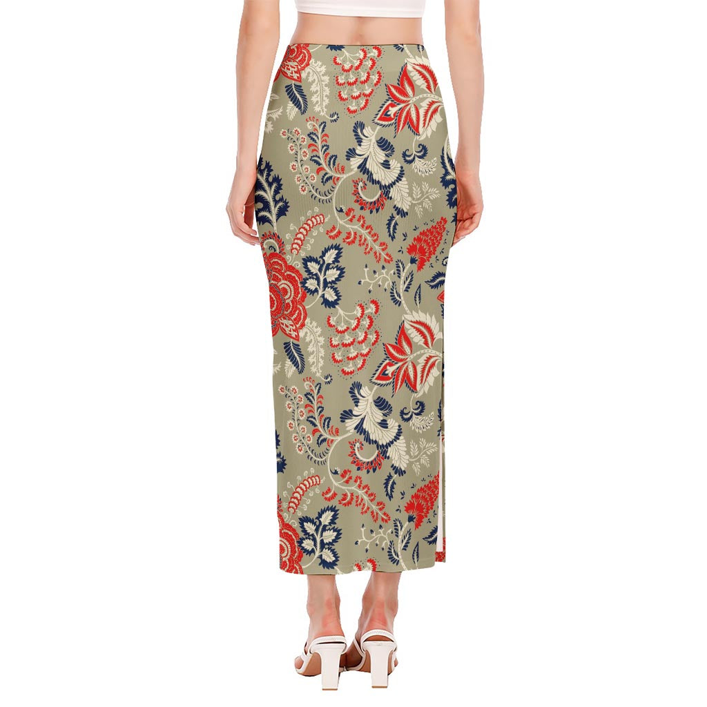 Beige Bohemian Floral Pattern Print Side Slit Maxi Skirt
