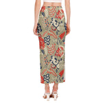Beige Bohemian Floral Pattern Print Side Slit Maxi Skirt