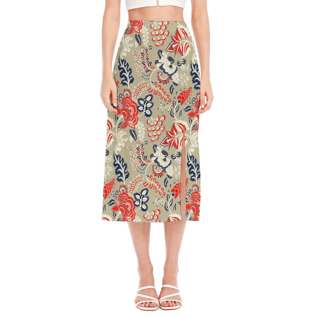 Beige Bohemian Floral Pattern Print Side Slit Midi Skirt