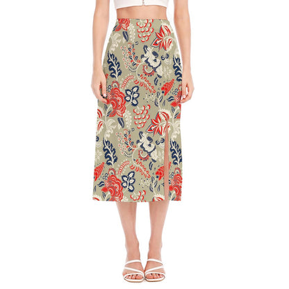 Beige Bohemian Floral Pattern Print Side Slit Midi Skirt