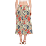 Beige Bohemian Floral Pattern Print Side Slit Midi Skirt