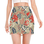 Beige Bohemian Floral Pattern Print Side Slit Mini Skirt