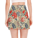 Beige Bohemian Floral Pattern Print Side Slit Mini Skirt