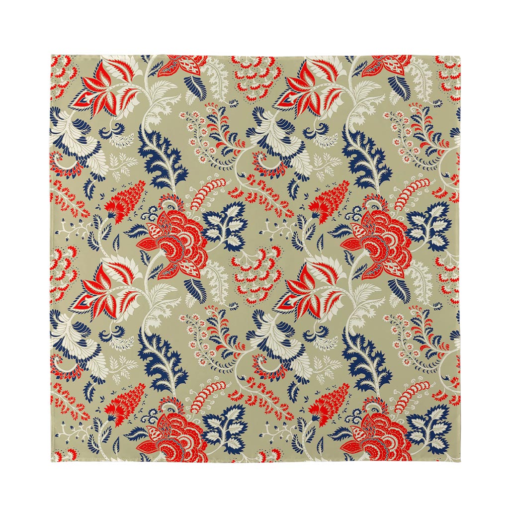 Beige Bohemian Floral Pattern Print Silk Bandana