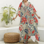 Beige Bohemian Floral Pattern Print Silk V-Neck Kaftan Dress