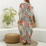 Beige Bohemian Floral Pattern Print Silk V-Neck Kaftan Dress
