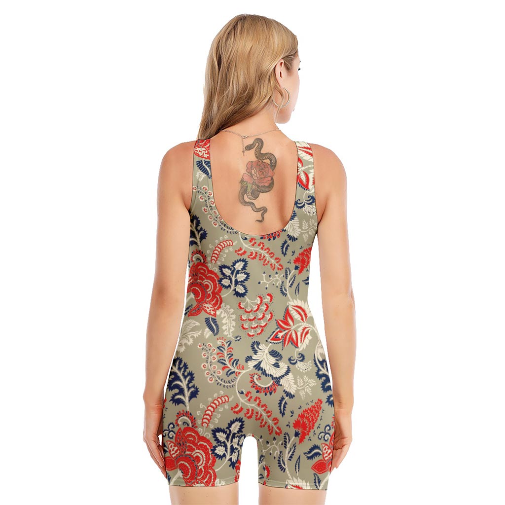 Beige Bohemian Floral Pattern Print Sleeveless One Piece Swimsuit