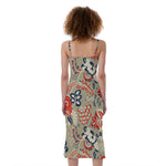 Beige Bohemian Floral Pattern Print Slim Fit Midi Cami Dress