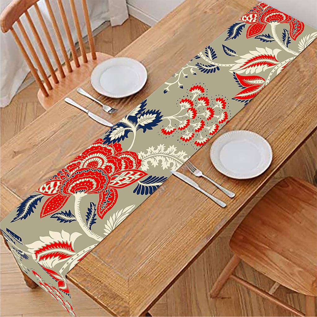Beige Bohemian Floral Pattern Print Table Runner