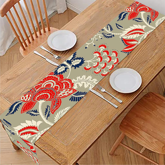 Beige Bohemian Floral Pattern Print Table Runner