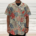 Beige Bohemian Floral Pattern Print Textured Short Sleeve Shirt