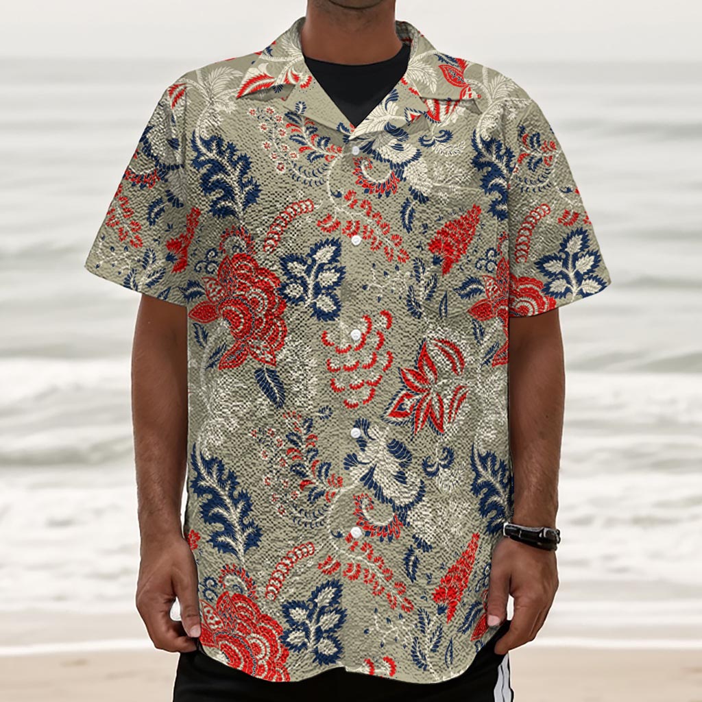 Beige Bohemian Floral Pattern Print Textured Short Sleeve Shirt
