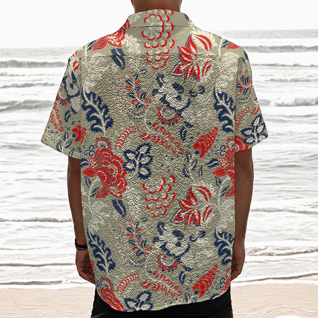 Beige Bohemian Floral Pattern Print Textured Short Sleeve Shirt