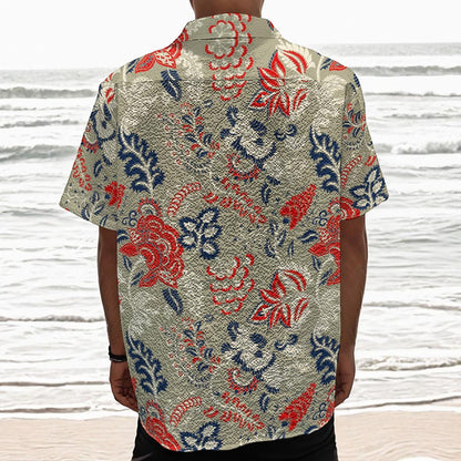Beige Bohemian Floral Pattern Print Textured Short Sleeve Shirt