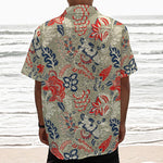 Beige Bohemian Floral Pattern Print Textured Short Sleeve Shirt