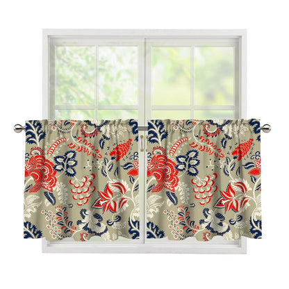 Beige Bohemian Floral Pattern Print Tier Curtains