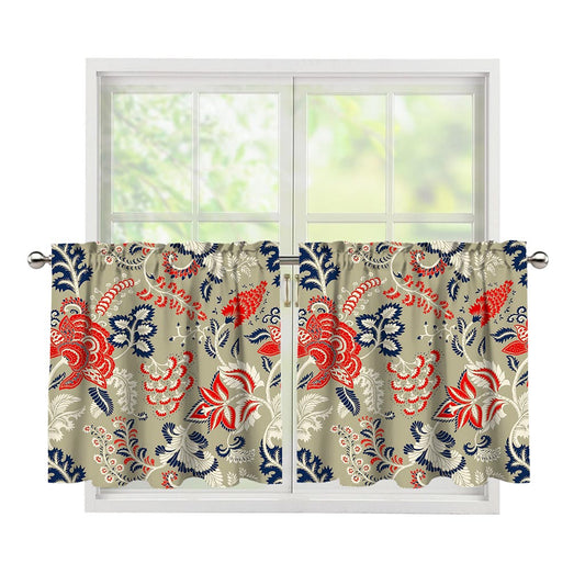 Beige Bohemian Floral Pattern Print Tier Curtains