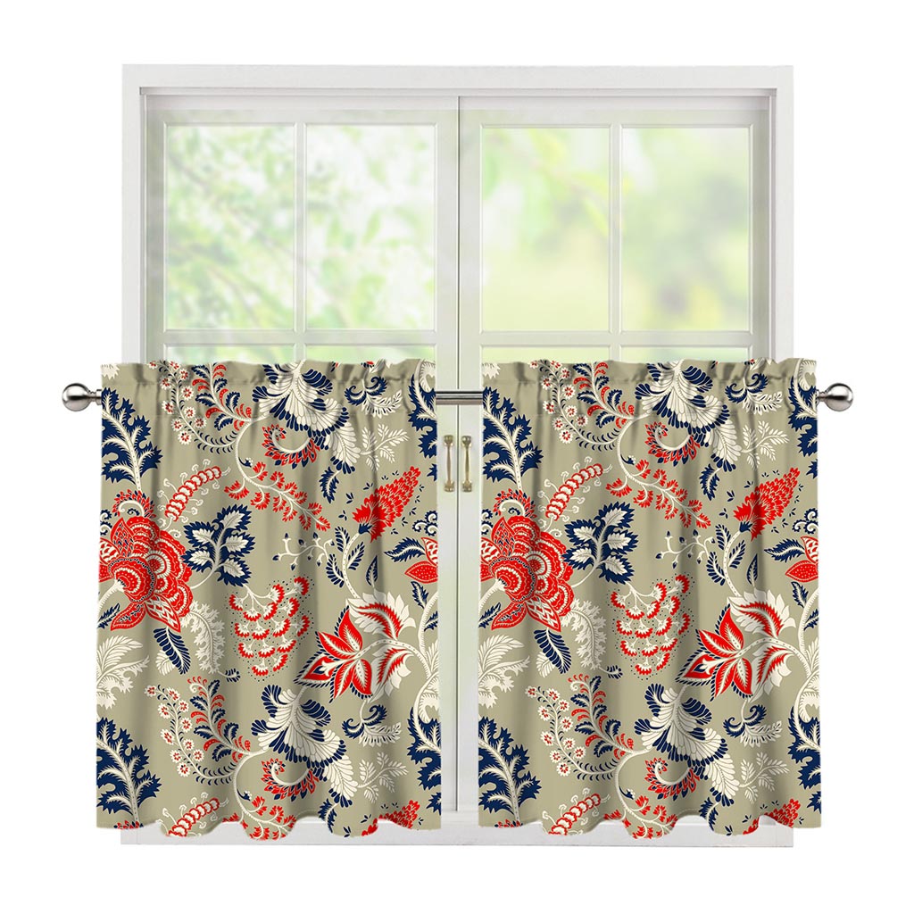Beige Bohemian Floral Pattern Print Tier Curtains
