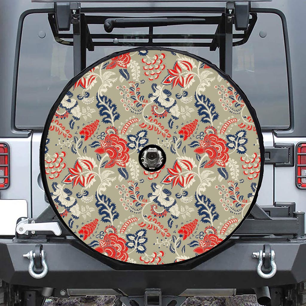 Beige Bohemian Floral Pattern Print Tire Cover With Camera Hole