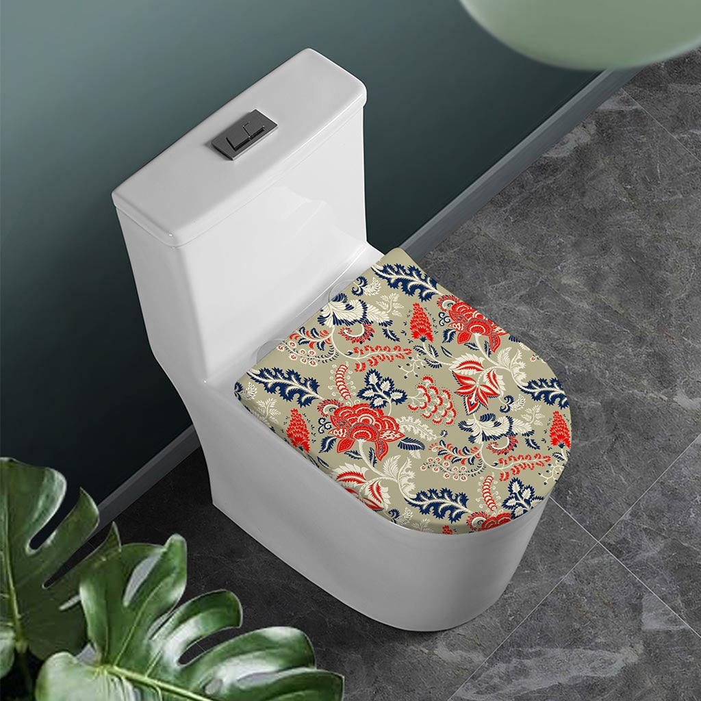 Beige Bohemian Floral Pattern Print Toilet Lid Cover