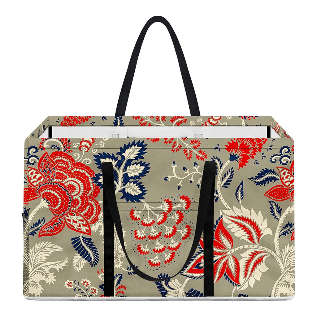 Beige Bohemian Floral Pattern Print Utility Tote Bag