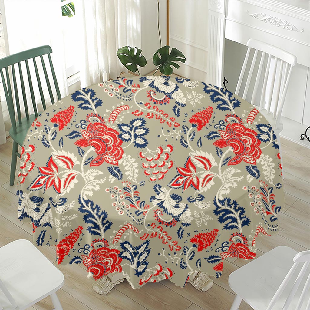 Beige Bohemian Floral Pattern Print Waterproof Round Tablecloth