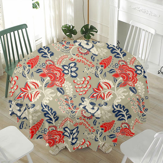 Beige Bohemian Floral Pattern Print Waterproof Round Tablecloth