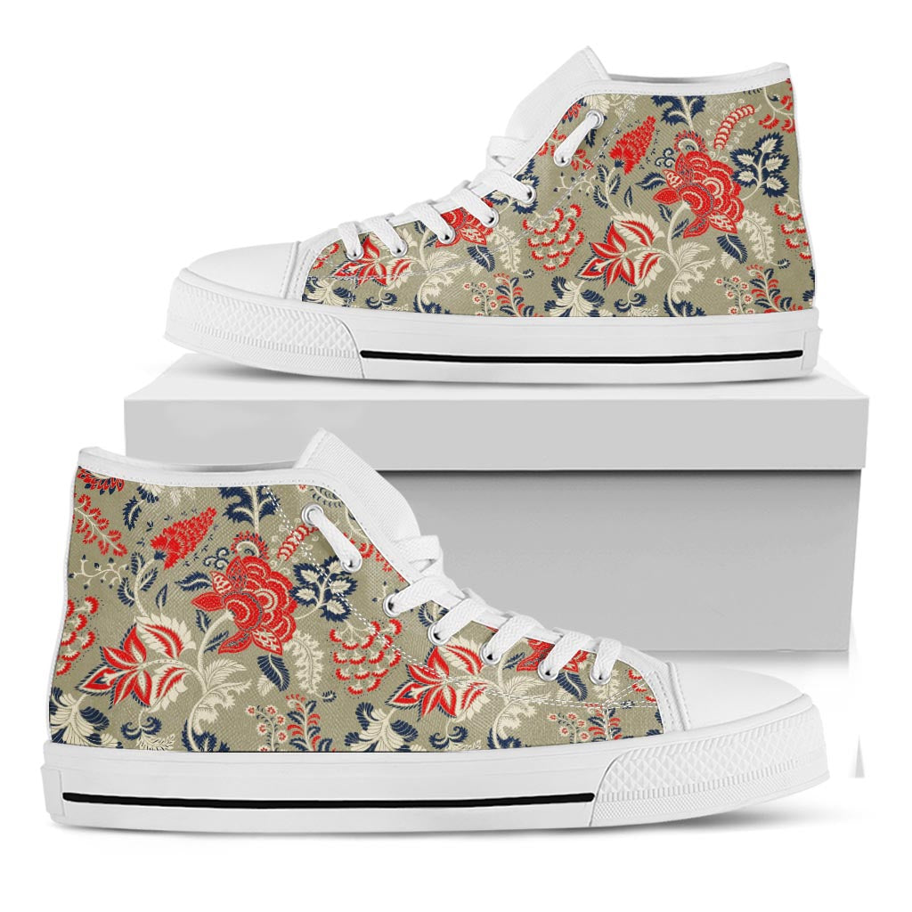 Beige Bohemian Floral Pattern Print White High Top Sneakers